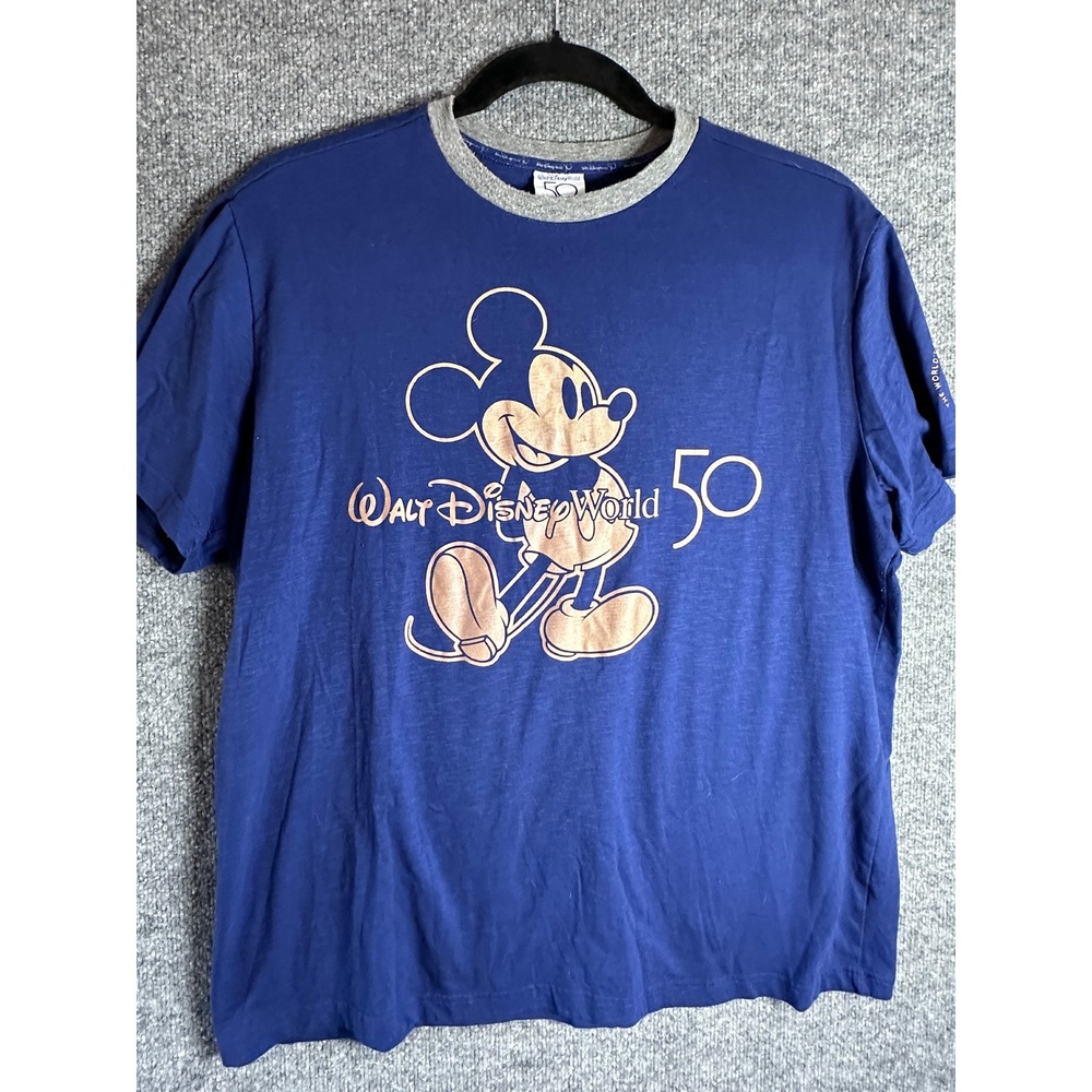 T-Shirt Walt Disney World 50th Anniversary Mickey Mouse Navy Blue Gold XL Ringer